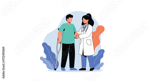 A doctor helping a patient with a cane walk.