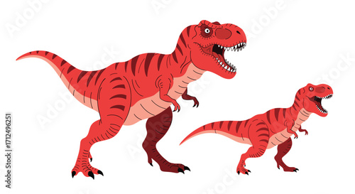 Two fierce red dinosaurs walking with open mouths roaring and showing sharp teeth.