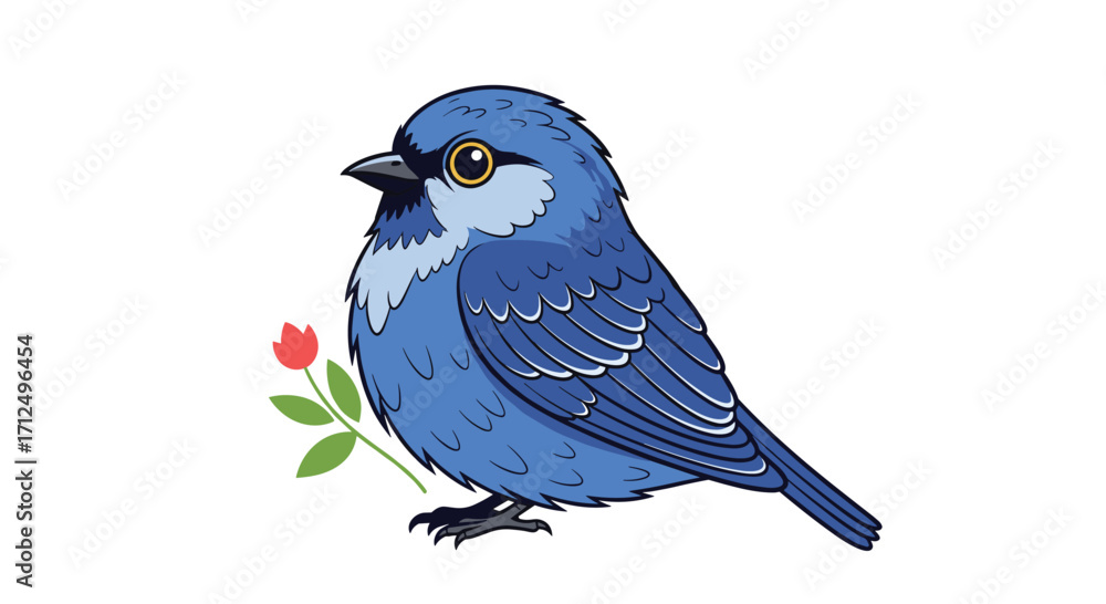 Obraz premium A fluffy blue bird sits next to a small red rose with green leaves.