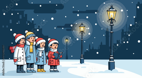 Children singing carols under streetlights in a snowy winter night scene.