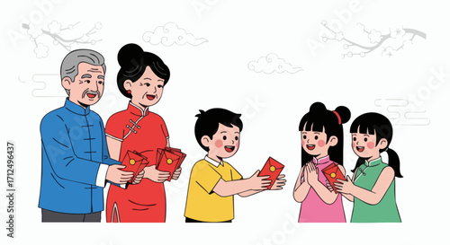 Chinese New Year Celebration with Family Giving Red Envelopes.