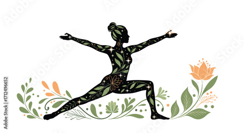 A serene woman practices a warrior pose surrounded by nature.