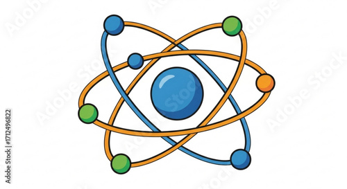 Illustration of an atom with electrons orbiting the nucleus, representing science, chemistry, and physics