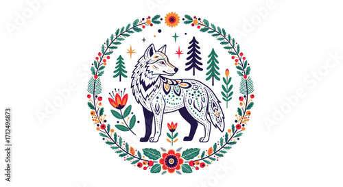 A folkloric wolf illustration surrounded by a floral and botanical wreath.