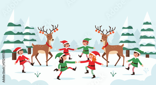 Christmas Elves and Reindeer Dancing in a Snowy Winter Wonderland.