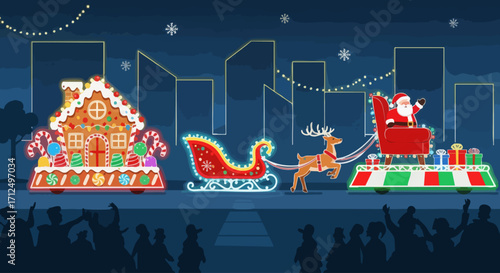 Christmas Parade with Gingerbread House Reindeer and Santa Claus Sleigh at Night.