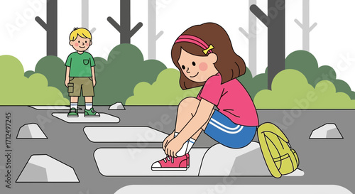 Children Hiking, Girl Tying Shoelace, Boy Waiting, Outdoor Adventure, Nature Scene