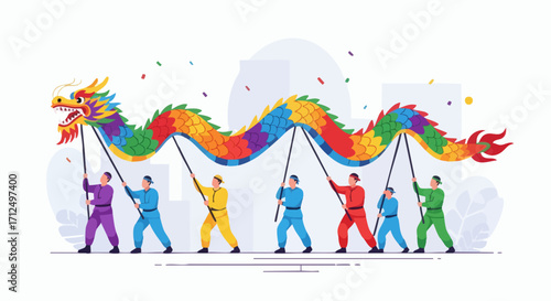 Colorful Chinese Dragon Dance Performance with People.