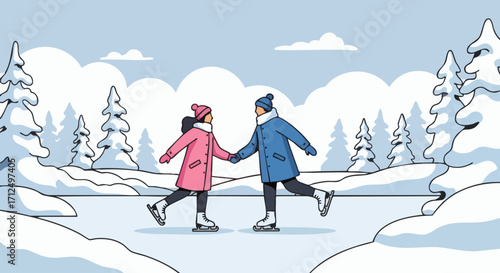 Couple Ice Skating in Winter Forest Landscape.