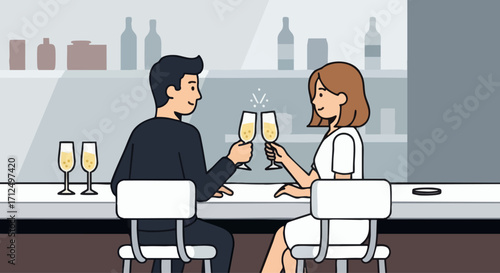 Couple toasting with champagne glasses at a bar.