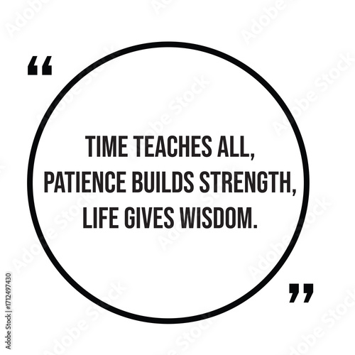 Time teaches all, patience builds strength, life gives wisdom, inspirational quotes, motivational quotes typography positive quote lettering illustration design