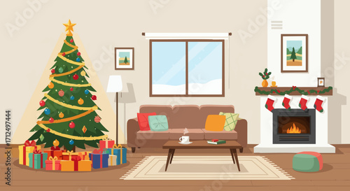 Cozy Living Room with Christmas Tree and Fireplace.