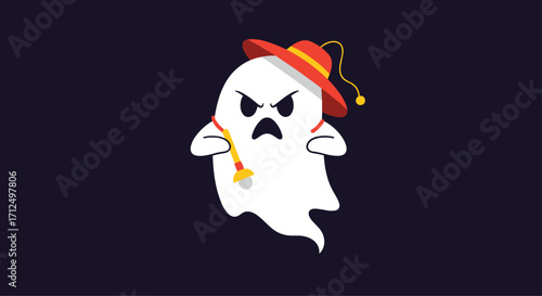 A cartoon ghost with a red hat wearing glasses holding a magic wand.