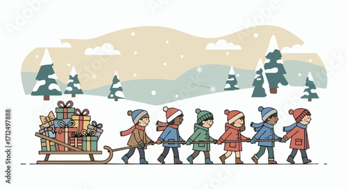 Diverse Children Pulling Sleigh with Christmas Gifts in Snowy Winter Landscape.