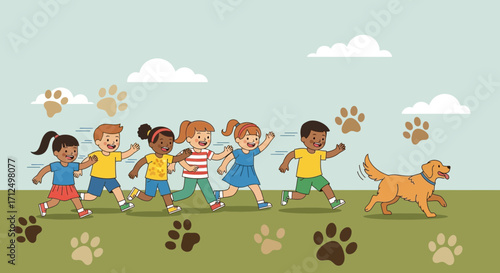 Children Joyfully Chasing A Golden Retriever Dog In A Happy Playtime Scene