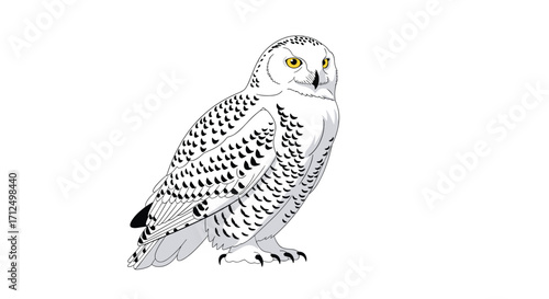 A striking snowy owl with piercing yellow eyes and intricate feather patterns.