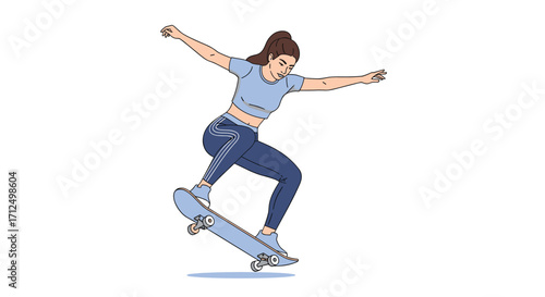 Young woman performing a trick on a skateboard.