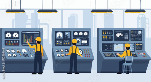 Engineers operating control panels in a power plant or industrial facility.