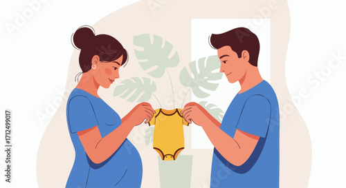 Expectant Parents Holding Baby Bodysuit Anticipating New Arrival.