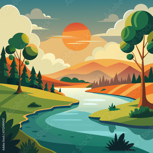 Breathtaking vector landscape illustration showcasing the beauty of nature at sunset, perfect for travel, tourism, or environmental awareness campaigns, evoking peace and serenity