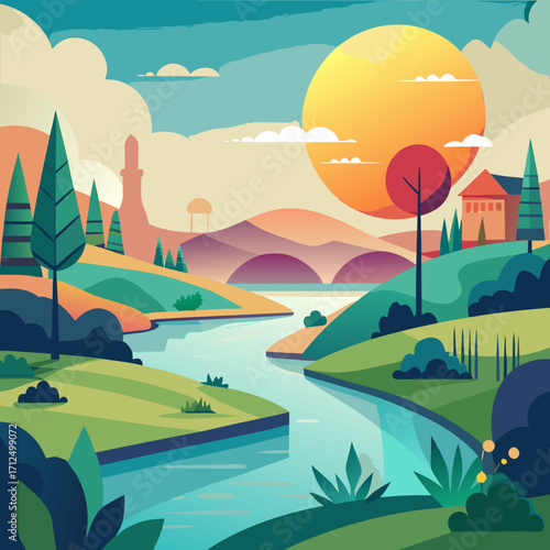 Tranquil riverside landscape illustration evoking peace and serenity, perfect for travel blogs and nature-themed projects, promoting relaxation with a stunning sunset view