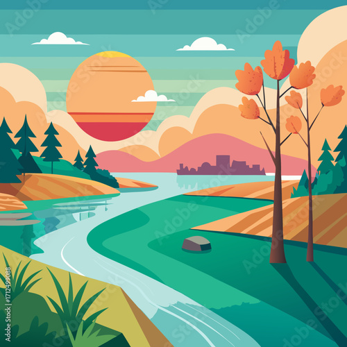 Serene riverside landscape illustration with autumn foliage and distant city, perfect for nature blogs, travel promotions, or environmental awareness campaigns