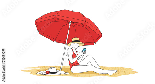 A woman relaxes on the beach under a red umbrella while looking at her phone.