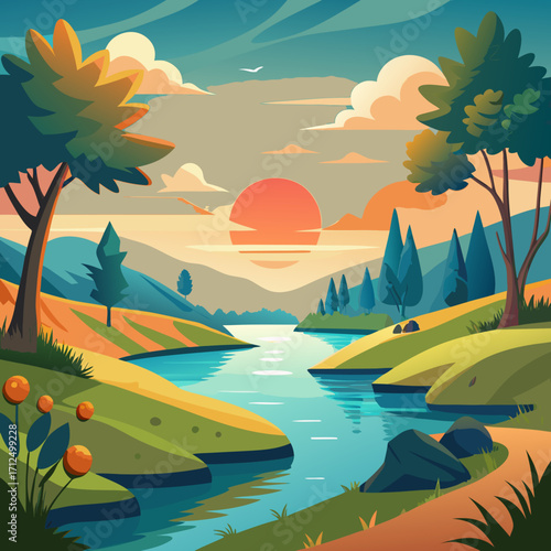 Stunning sunset over calm river with vibrant trees, evoking peace and tranquility, perfect for nature lovers and scenic backgrounds, originally a scalable vector graphic
