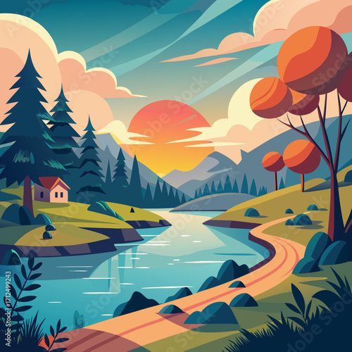 Breathtaking sunset landscape illustration of mountains, trees, and river, evoking peace and tranquility perfect for travel posters, nature blogs and promotional banners for eco-friendly brands