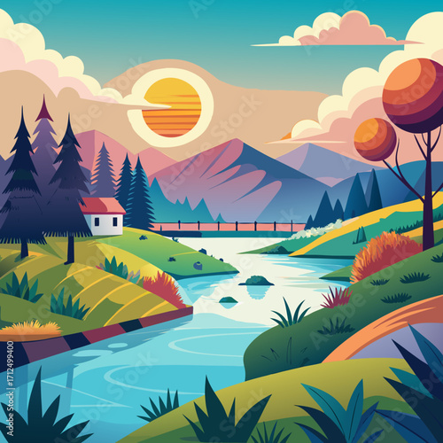 Stunning landscape view with mountains, river, and sunset, originally a scalable vector graphic perfect for nature illustrations, travel posters, and peaceful backgrounds