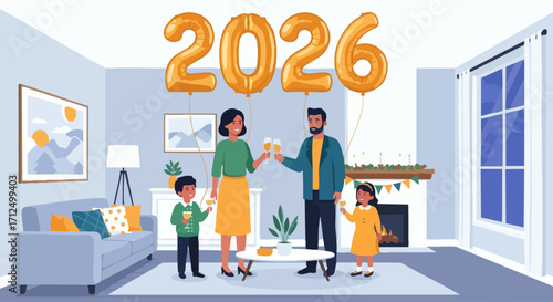 Family Celebrating New Year 2026 at Home with Champagne Toasts.