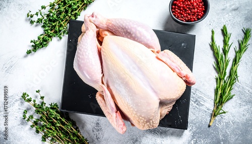 Raw whole chicken on black board, herbs, peppercorns