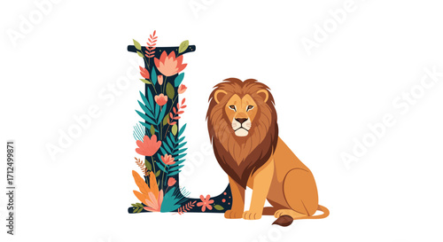 Lion adorned with floral elements beside the letter L.
