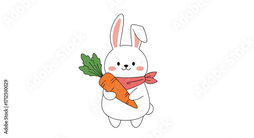 A cute bunny holding a carrot wearing a scarf.