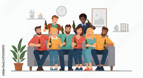 Friends enjoying a casual gathering on a sofa with drinks.