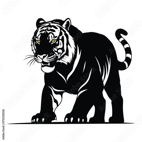 Majestic tiger silhouette roaring fiercely with detailed stripes and powerful stance silhouette
