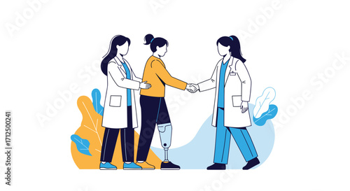 Healthcare professionals supporting a patient with a prosthetic leg.