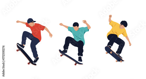 Three skateboarders performing tricks in mid-air.