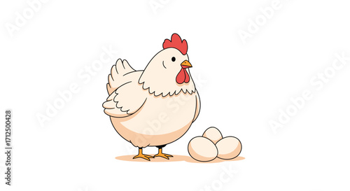A fluffy white hen stands proudly next to her freshly laid eggs on the farm.