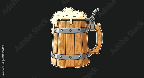 A wooden mug overflowing with foamy beer.