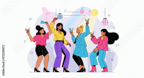 Group of diverse women dancing and celebrating at a party with drinks and festive decorations.