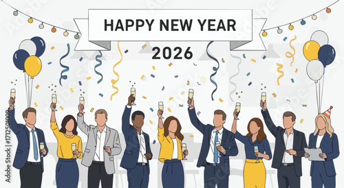 Happy New Year 2026 Celebration with Diverse Group of People Toasting.