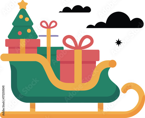 Festive sleigh overflowing with presents and a Christmas tree, ready for holiday delivery.