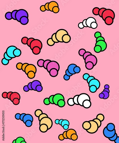 Colorful abstract cartoon-style pattern featuring croissant-like or seashell-shaped forms made of overlapping circles. Each element comes in bright tones such as red, blue