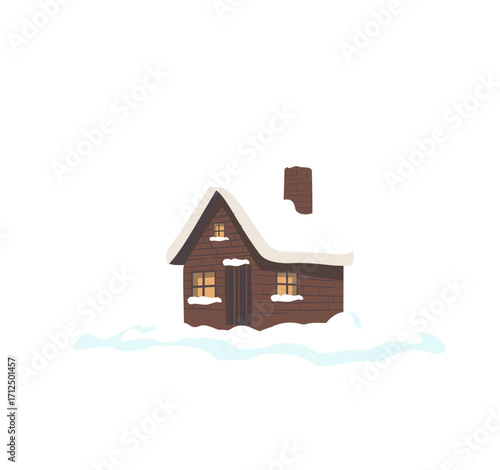 Collection of cozy Christmas house vector illustrations with snow roofs, pine trees, and smoking chimneys. Perfect for holiday cards, posters, prints, winter decorations, and festive seasonal designs.