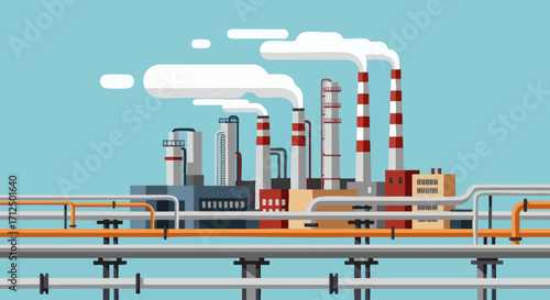 Industrial Factory with Smoking Chimneys and Pipelines.