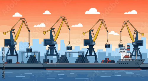 Industrial Port with Cranes Loading Cargo Ship at Sunset.