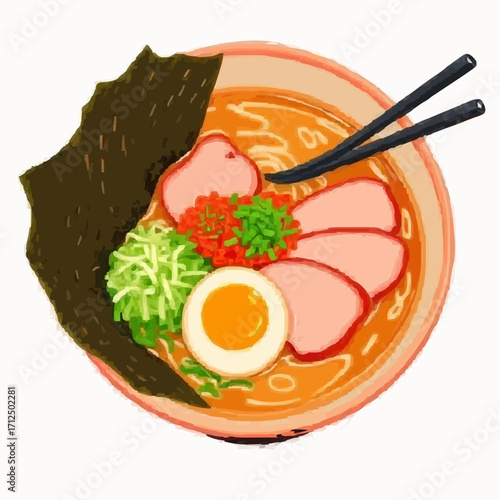Flat 2D illustration of a Japanese dish called ramen, a bowl of noodle soup with sliced pork, boiled egg, nori seaweed, and green onions
