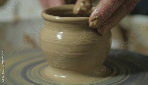 Hands shaping clay pot on a pottery wheel