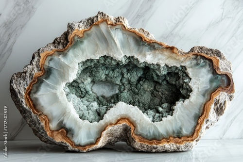 A stunning geode features a rough outer layer and a crystalline interior with white and greenish hues.
